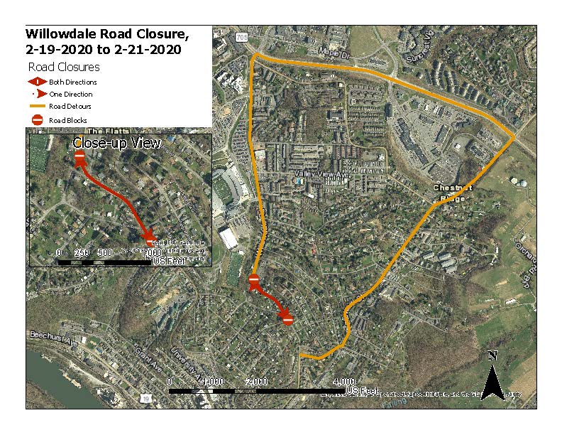 A map showing the portion of Willowdale Road that will be closed from Feb. 19 through 21.
